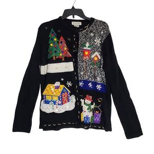 VTG 90'S WHITE STAG UGLY CHRISTMAS SWEATER CARDIGAN WOMENS XL BLACK KNIT BUTTON